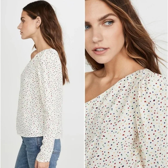 Reformation L Francine One Sleeve Polka Dot Top Puff Shoulder Blouse Cream White - Picture 4 of 9